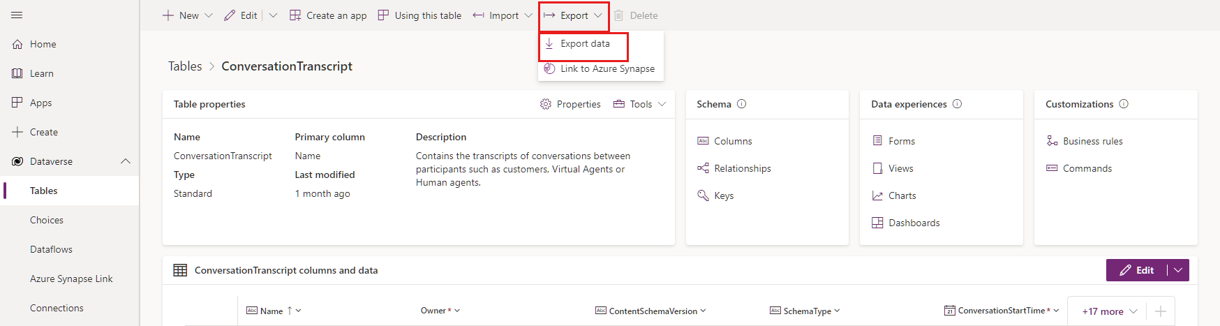 Screenshot dell'opzione Esporta dati della tabella ConversationTranscript.