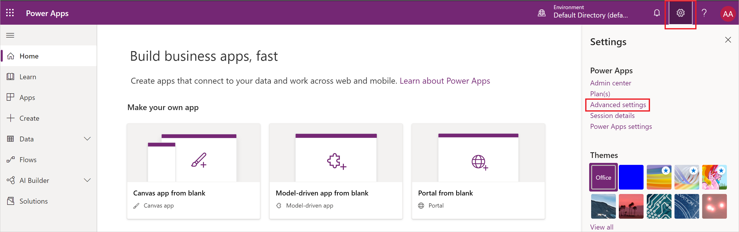 Screenshot del menu Impostazioni di Power Apps con Impostazioni avanzate evidenziato.