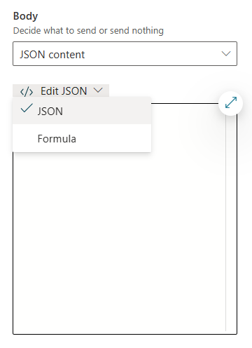 Screenshot del contenuto JSON selezionato per il tipo di contenuto del corpo.