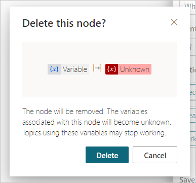 Il messaggio di eliminazione della variabile bot indica che i riferimenti a quella variabile saranno etichettati come sconosciuti.