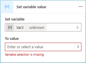 Screenshot di un nodo Imposta valore variabile con una nuova variabile di tipo sconosciuto.