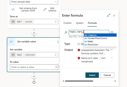 Screenshot che mostra l'accesso a Intellisense completo per varie proprietà tramite l'editor di Power FX.