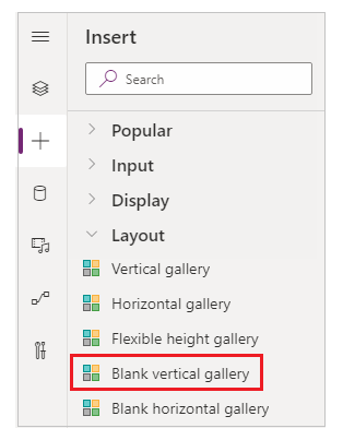 Inserire un controllo gallery con un layout Vuota verticale.