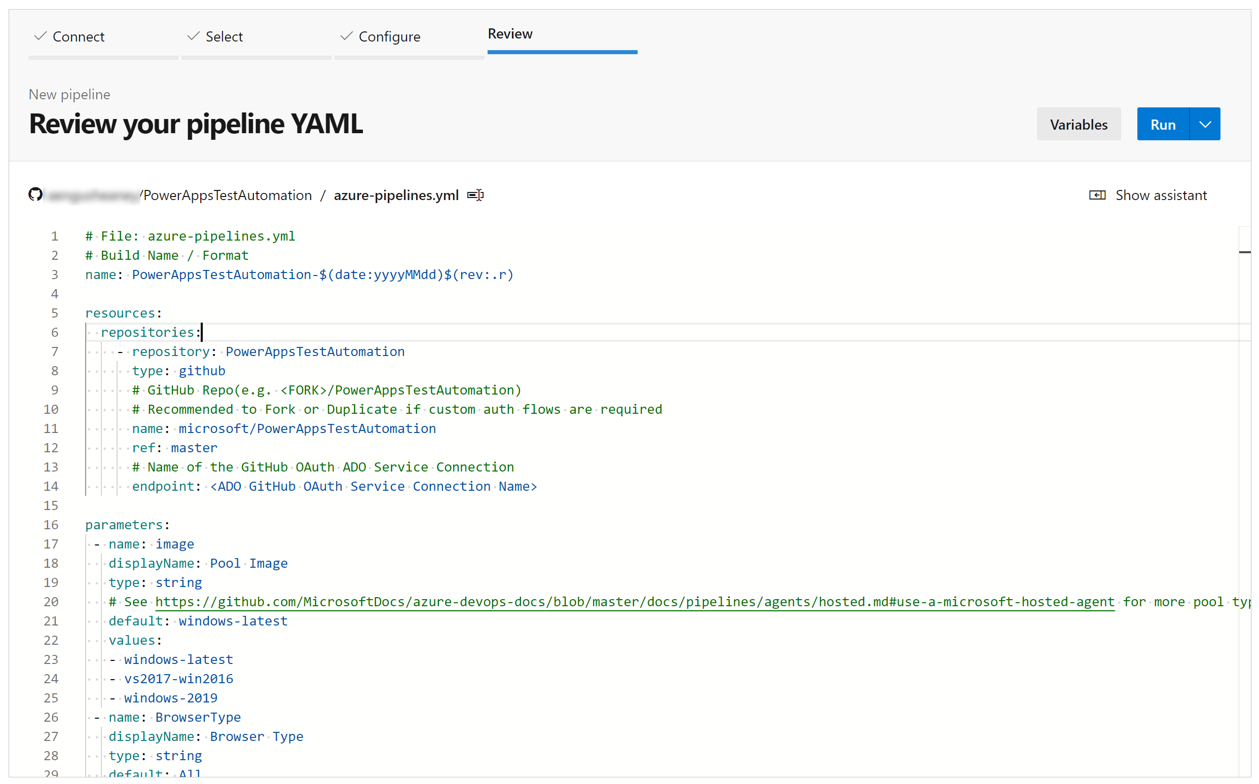 Esaminare il file YAML di Azure.
