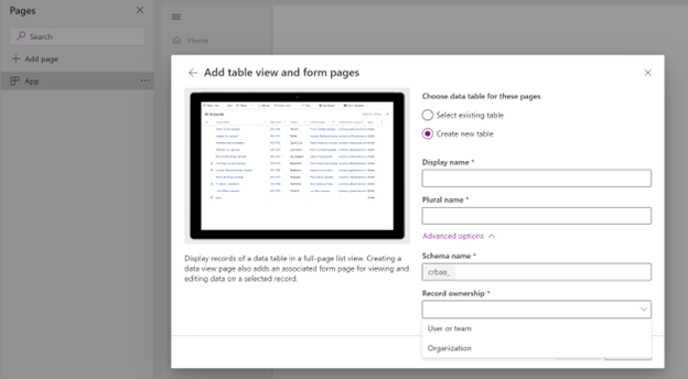 Creare una tabella per una pagina nella finestra di progettazione di app