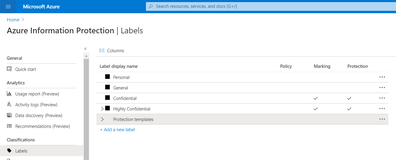 Azure Information Protection default labels