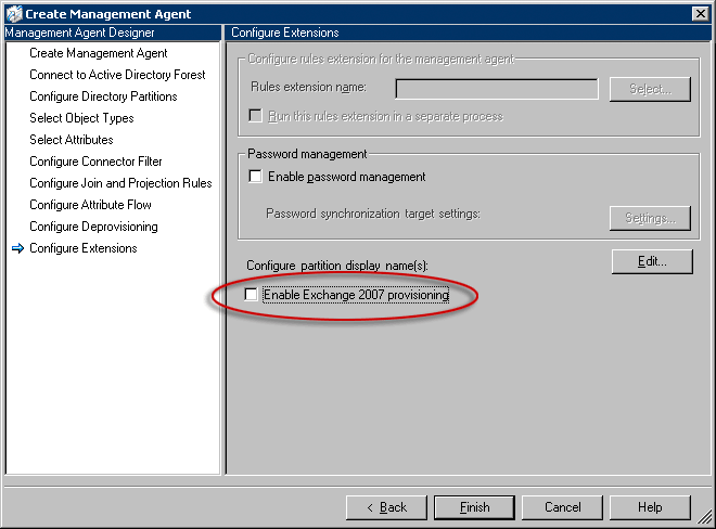 Pagina di configurazione dei numeri interni, abilitazione del provisioning di Exchange 2007