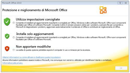Schermata iniziale di Office 2010 con opzioni di privacy
