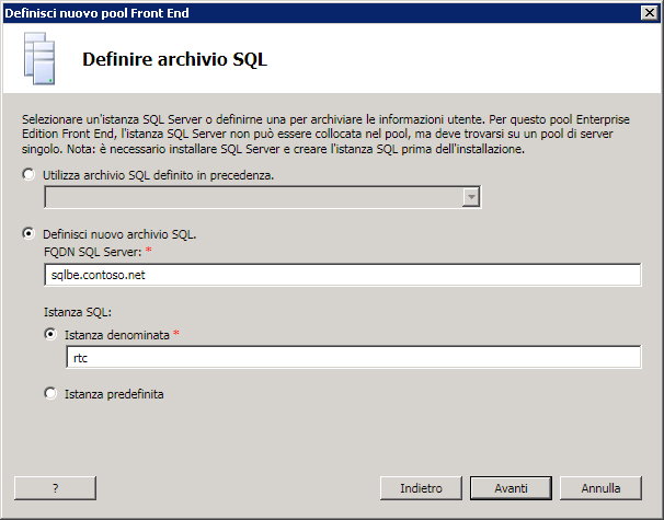 Definire l'archivio SQL