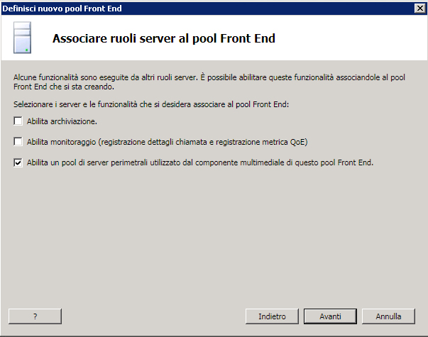 Associare un server durante la definizione del nuovo pool Front End