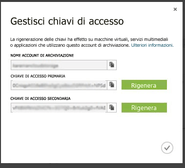 Schermata delle chiavi di account del Servizio di archiviazione di Microsoft Azure