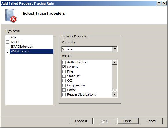 Screenshot che mostra la pagina Seleziona provider di traccia. W W Server è selezionato in Provider e Sicurezza è selezionato in Dettagliato.