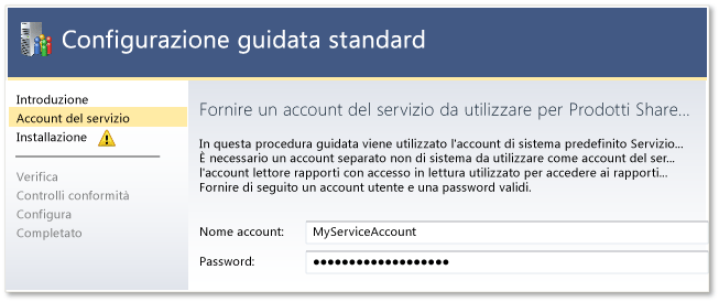 Specificare un account e una password