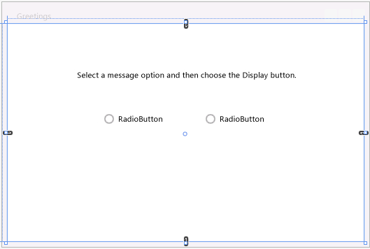 Modulo di messaggi di apertura con blocco di testo e due pulsanti di opzione