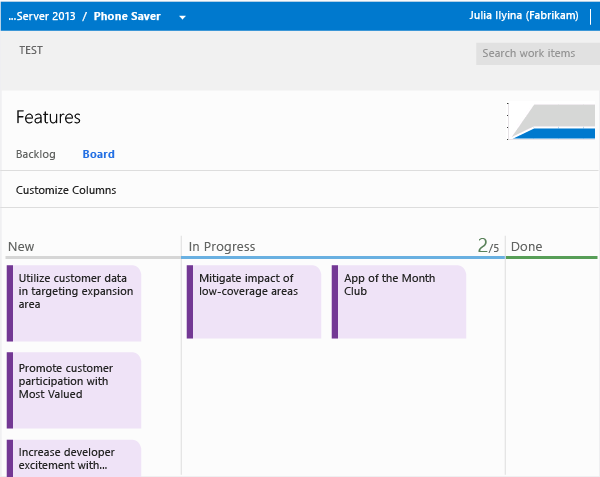 The Features backlog has its own Kanban board