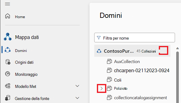 Screenshot of the domains menu with the arrow icon beside the default domain and one of the collections highlighted.