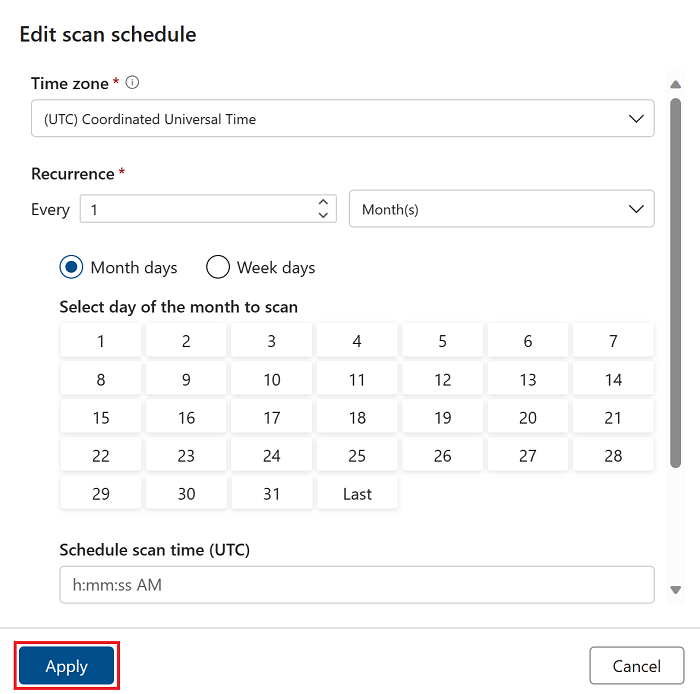 Screenshot del menu di pianificazione dell'analisi, che mostra un calendario e un elenco a discesa per selezionare gli orari di esecuzione mensili o settimanali.