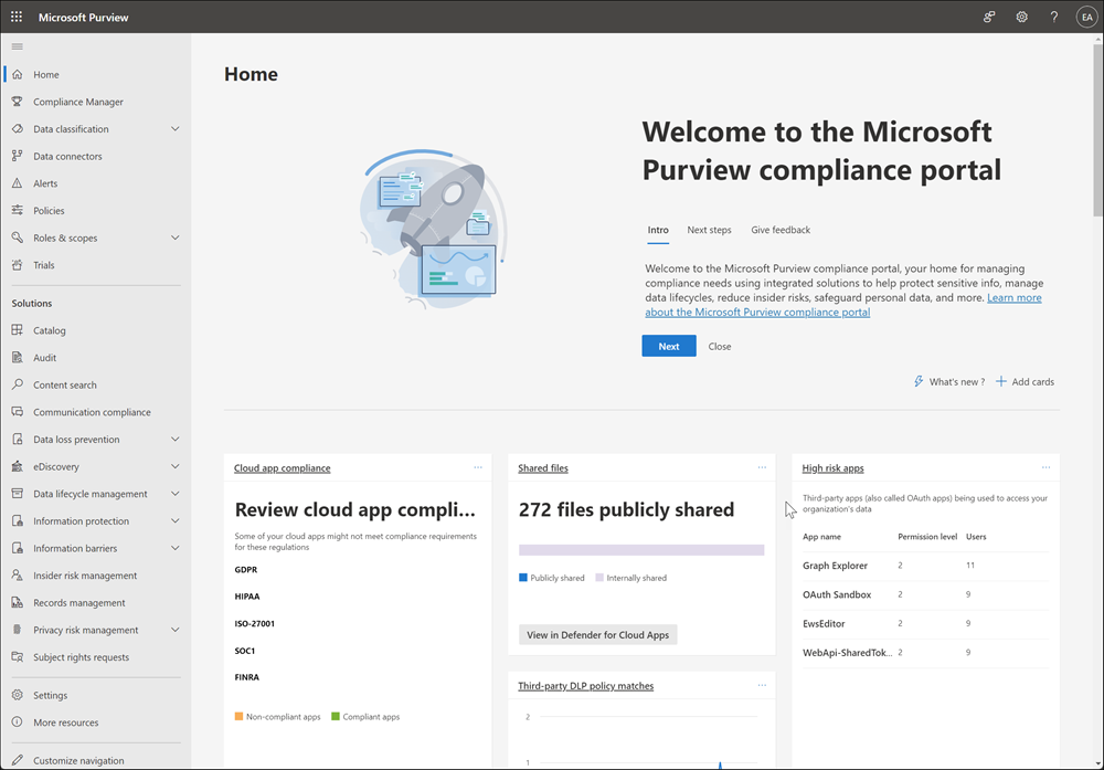 Portale di conformità di Microsoft Purview home page.