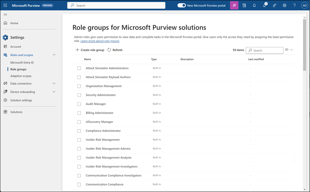 Ruoli e ambiti nel portale di Microsoft Purview.