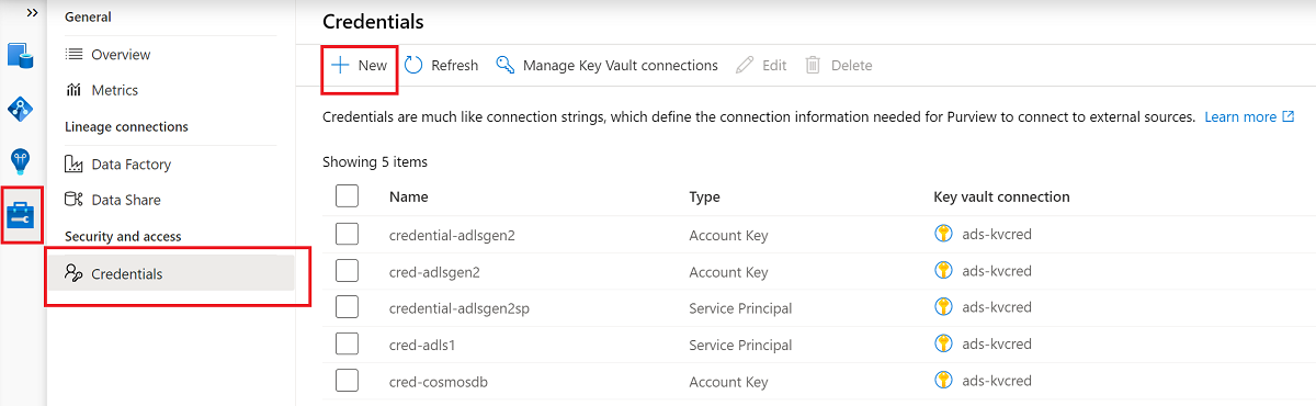 Screenshot che mostra l'opzione dell'insieme di credenziali delle chiavi per configurare le credenziali.
