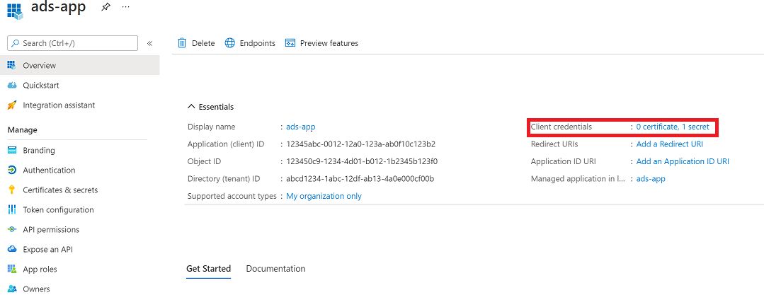 Screenshot che mostra le credenziali client per un'entità servizio.
