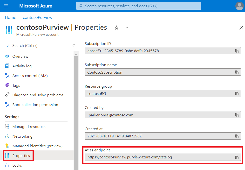 Screenshot della pagina delle proprietà per Microsoft Purview con la casella endpoint Atlas evidenziata.