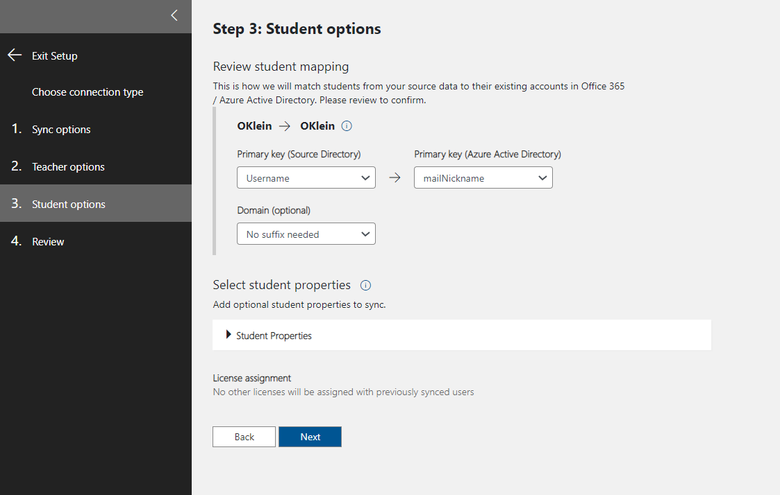 Screenshot che mostra le opzioni degli studenti.