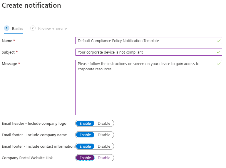 Screenshot di Crea notifica nelle impostazioni dei criteri di conformità.
