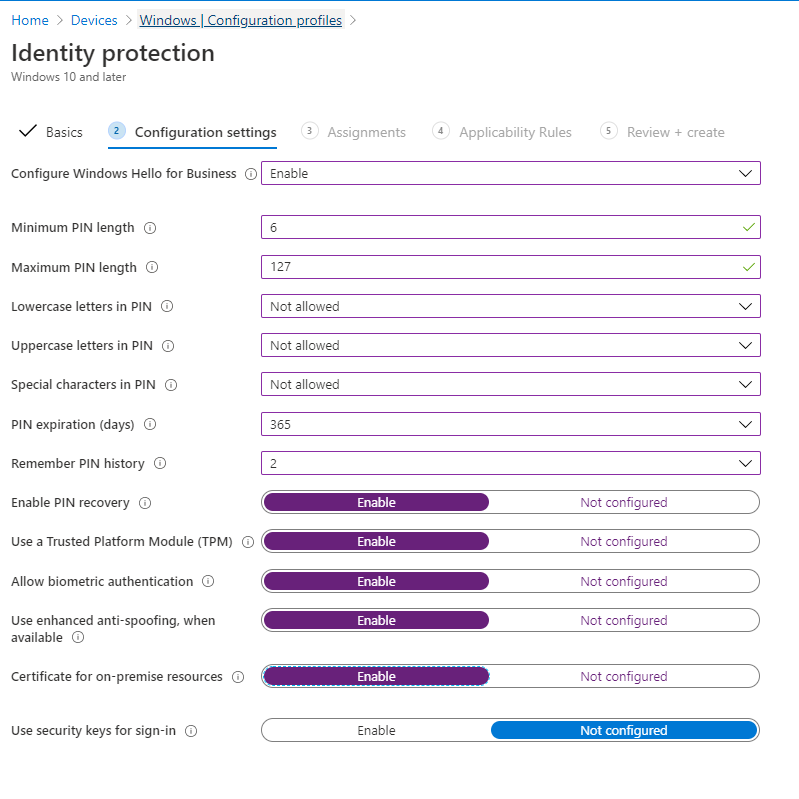 Screenshot delle impostazioni di configurazione in Identity Protection in Profili di configurazione.