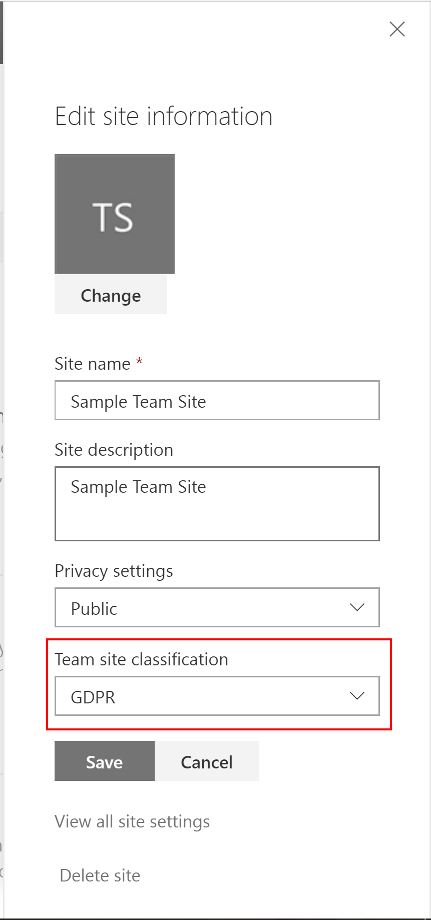 The site classification option while editing the Site Information settings of a "modern" site in SharePoint Online