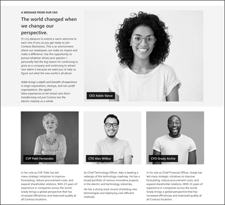 Screenshot di una pagina di SharePoint che visualizza i profili di leadership.