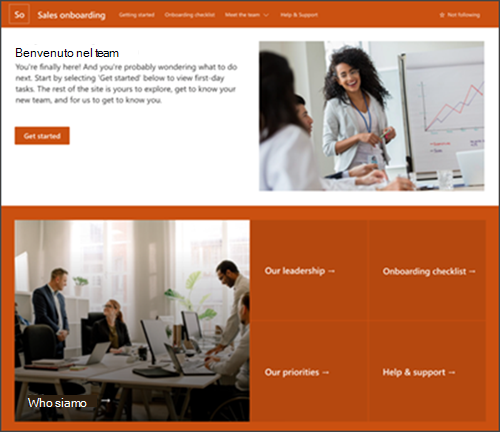 Screenshot del modello nuovo sito di onboarding dei dipendenti in SharePoint.