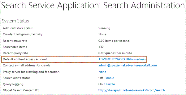 Screenshot dell'account di accesso al contenuto predefinito nella sezione Stato sistema nella pagina Amministrazione ricerca
