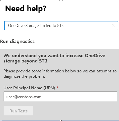 Screenshot della finestra Serve aiuto indica che si vuole aumentare l'archiviazione di OneDrive oltre i 5 TB.