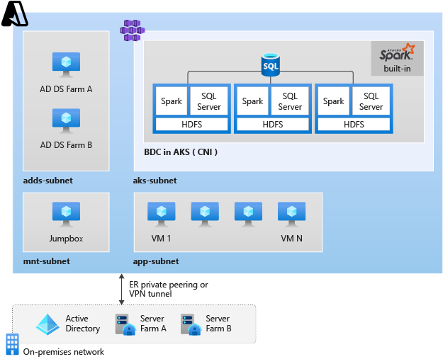 Diagram of the AKS cluster with AD and SQL Server Big Data Cluster.
