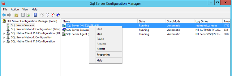 SQL Server Properties window