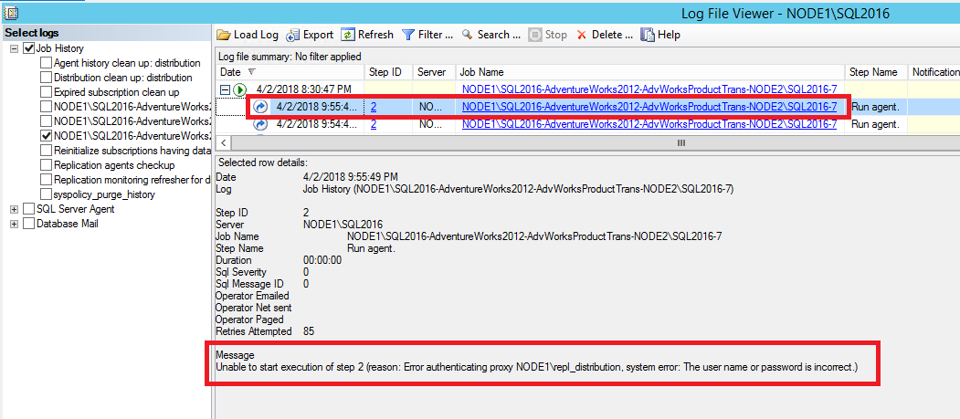 Screenshot del testo errore che indica una password errata per l'agente di distribuzione.