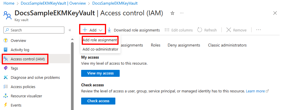 Screenshot del pulsante Aggiungi assegnazione di ruolo nel riquadro Controllo di accesso (IAM) nel portale di Azure.