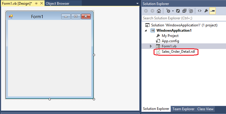 Screenshot of the Solution Explorer, highlighting the Sales Order Detail Report.
