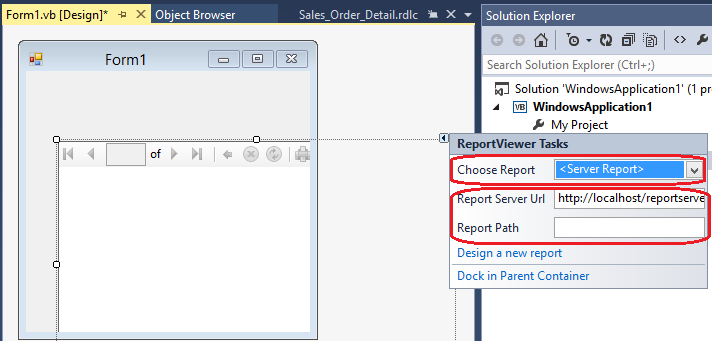 Screenshot of the ReportViewer Tasks smart tag, highlighting the server report.