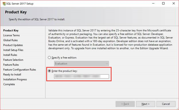 Screenshot della finestra di installazione di SQL Server 2017 che evidenzia il campo relativo al codice Product Key.