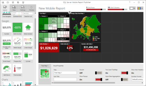 Screenshot dell'interfaccia di SQL Server Mobile Report Publisher.