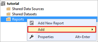 Screenshot of the Solution Explorer showing the Add option selected on the Reports context menu.