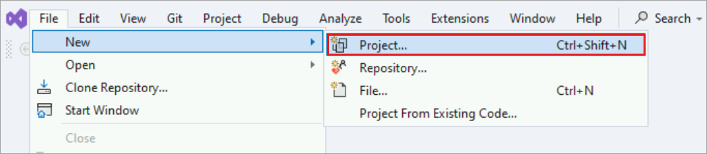 Screenshot of Visual Studio showing the project option selected in the new dropdown menu in the file menu.