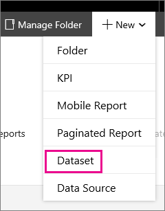 Screenshot che mostra l'elenco a discesa Nuovo con l'opzione Set di dati evidenziata.