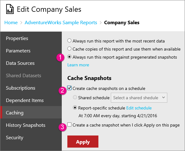 Screenshot che mostra la schermata Caching della finestra di dialogo Edit Company Sales con tre cerchi numerati che corrispondono ai tre passaggi sotto lo screenshot.