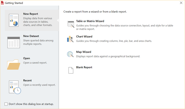 Screenshot of Report Builder Get Started dialog box.