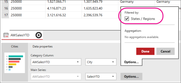 Screenshot of the Category Column's Options expanded with the Filter by State / Regions option selected.