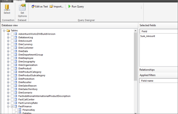Screenshot of the tables in the Database view.