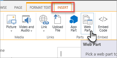 Screenshot of Insert a web part from the office ribbon.